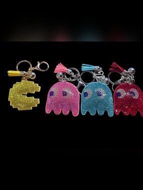 Sparkling Pac-Man Ghost & Character Keychain Set - Pink, Blue, Red, Yellow